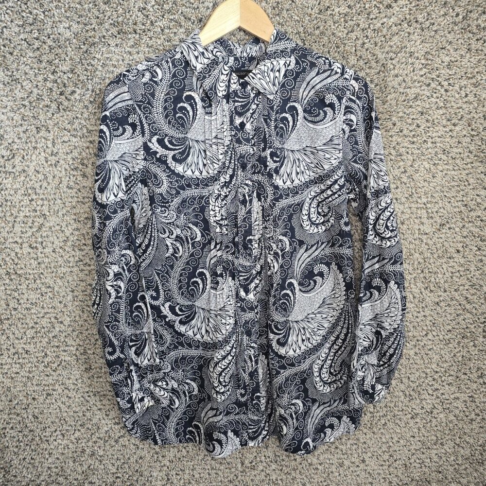 Talbots Top Womens Small Navy Blue Paisley Print Button Up Pintuck Blouse Ladies